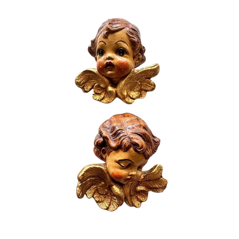Vintage Italian Cherub Small Wall Plaques Set of 2 Gold Chalkware Putti Angels - Picture 4 of 7